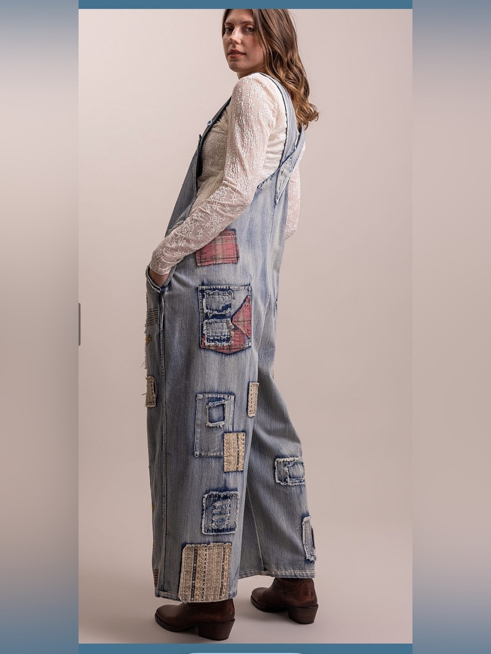 Wash Denim Patchwork Women's Wide-Leg Jeans Overalls - Picture 5 of 13